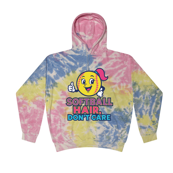 [[color:Sherbert]] Softball Hair Don't Care Tie Dye Hoodie Sherbert