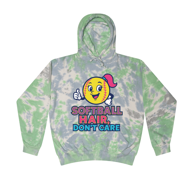 [[color:Slushy]] Softball Hair Don't Care Tie Dye Hoodie Slushy