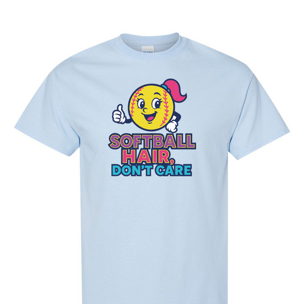 [[color:Light Blue]] Softball Hair Don't Care Short Sleeve T-shirt Light Blue