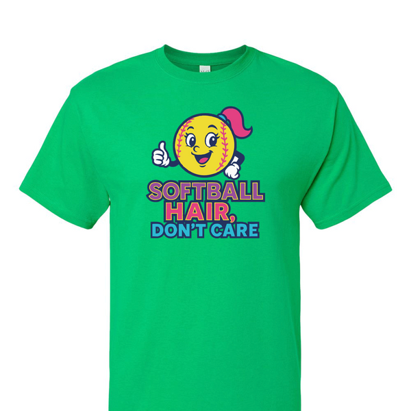[[color:Irish Green]] Softball Hair Don't Care Short Sleeve T-shirt Irish Green