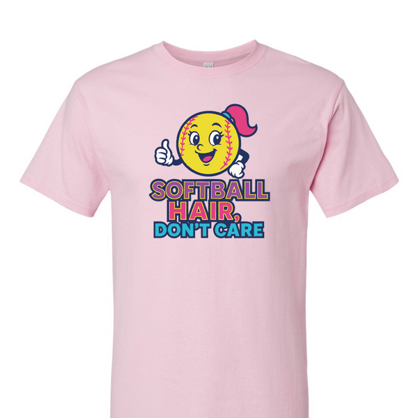 [[color:Light Pink]] Softball Hair Don't Care Short Sleeve T-shirt Light Pink