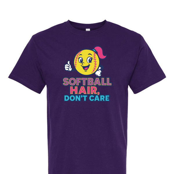 [[color:Purple]] Softball Hair Don't Care Short Sleeve T-shirt Purple