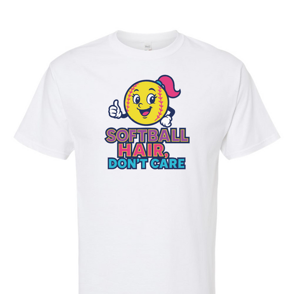[[color:White]] Softball Hair Don't Care Short Sleeve T-shirt White