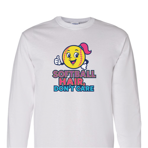 [[color:White]] Softball Hair Don't Care Long Sleeve T-shirt White