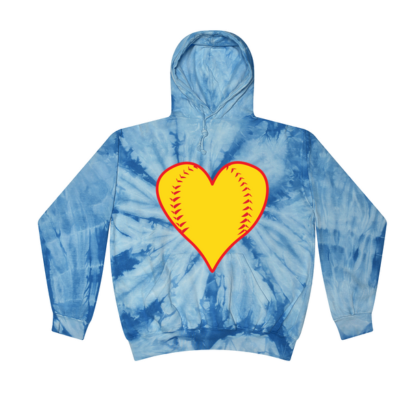 [[color:Spider Baby Blue]] Softball Heart Tie Dye Hoodie Spider Baby Blue