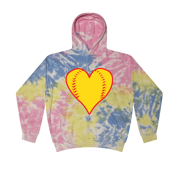 [[color:Sherbert]] Softball Heart Tie Dye Hoodie Sherbert