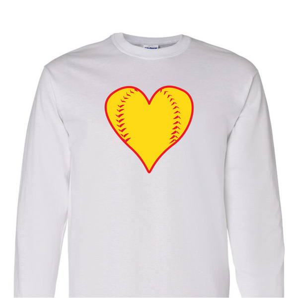 [[color:White]] Softball Heart Long Sleeve T-shirt White