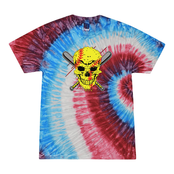 [[color:Firecracker]] Softball Skull Tie Dye T-shirt Firecracker