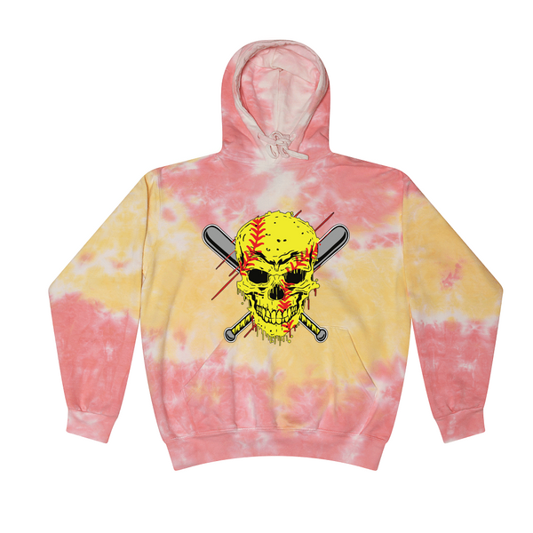 [[color:Funnel Cake]] Softball Skull Tie Dye Hoodie Funnel Cake
