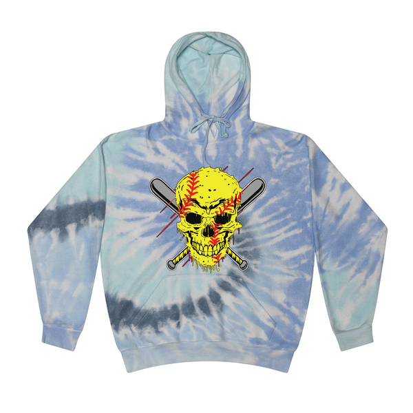 [[color:Lagoon]] Softball Skull Tie Dye Hoodie Lagoon