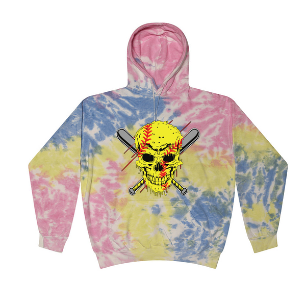 [[color:Sherbert]] Softball Skull Tie Dye Hoodie Sherbert