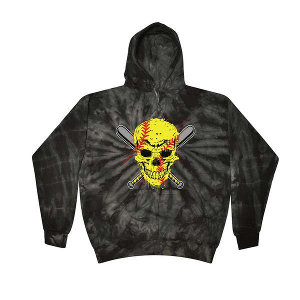 [[color:Spider Black]] Softball Skull Tie Dye Hoodie Spider Black