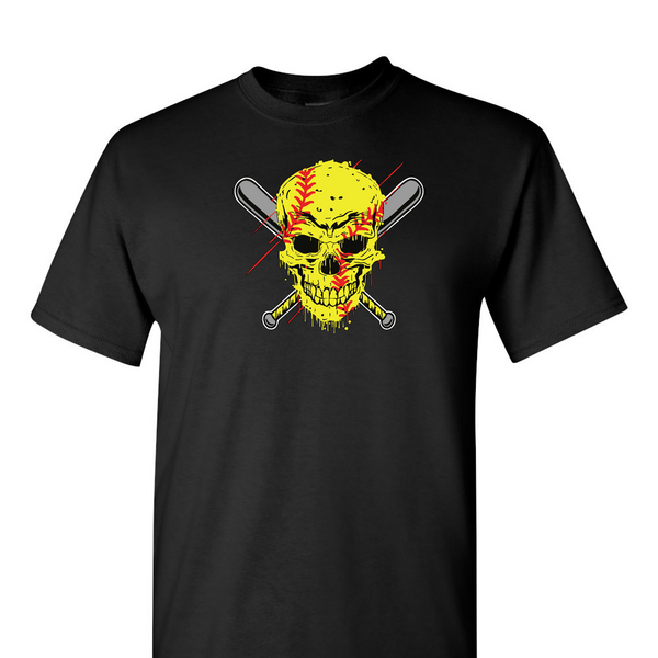 [[color:Black]] Softball Skull Short Sleeve T-shirt Black