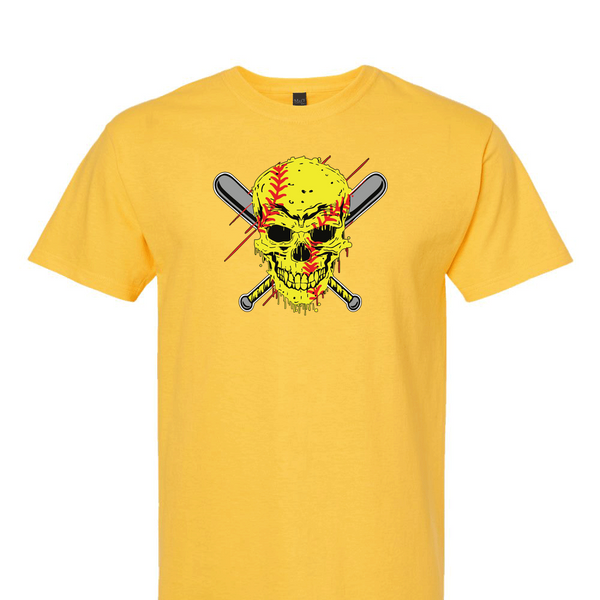 [[color:Daisy]] Softball Skull Short Sleeve T-shirt Daisy