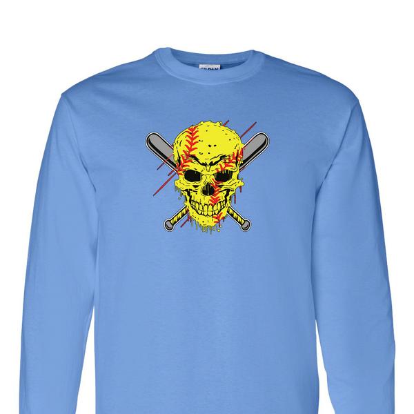[[color:Carolina Blue]] Softball Skull Long Sleeve T-shirt Carolina Blue