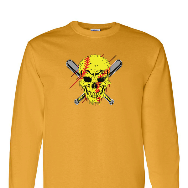 [[color:Gold]] Softball Skull Long Sleeve T-shirt Gold