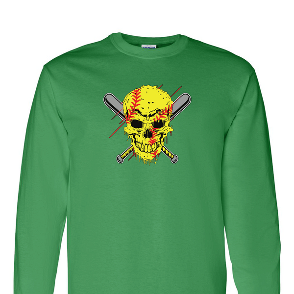 [[color:Irish Green]] Softball Skull Long Sleeve T-shirt Irish Green