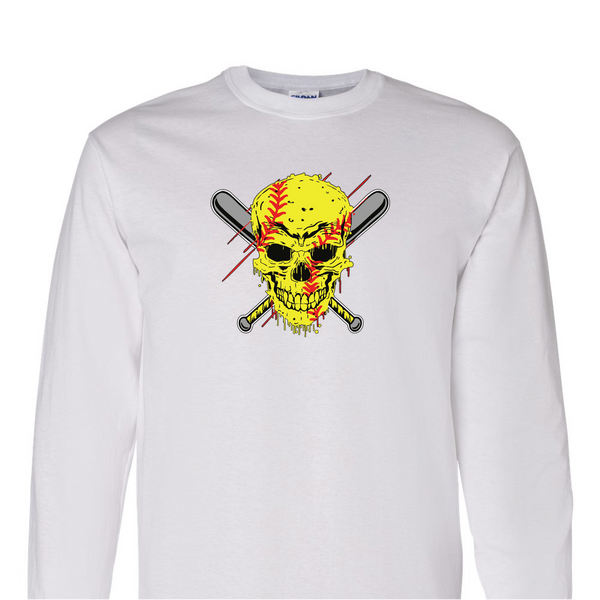 [[color:White]] Softball Skull Long Sleeve T-shirt White