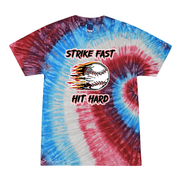 [[color:Firecracker]] Strike Fast Hit Hard Baseball Tie Dye T-shirt Firecracker
