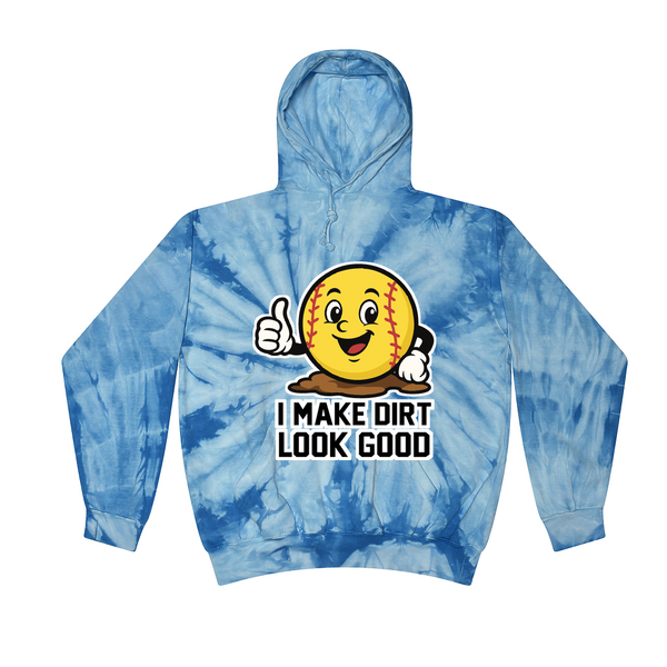 [[color:Spider Baby Blue]] I Make Dirt Look Good Softball Tie Dye Hoodie Spider Baby Blue