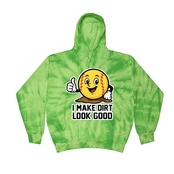 [[color:Spider Lime]] I Make Dirt Look Good Softball Tie Dye Hoodie Spider Lime